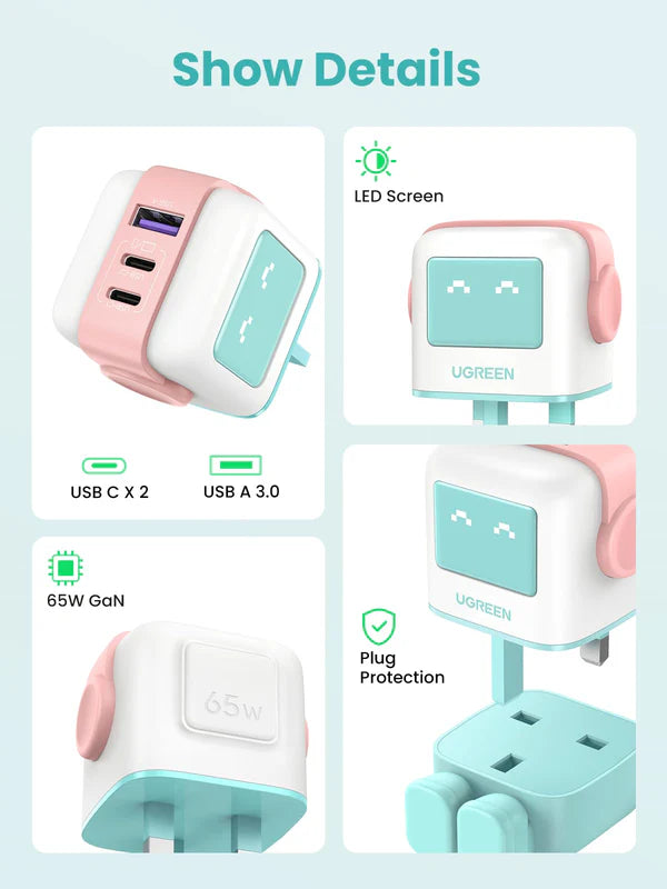 Uno RG 65W 3-Port GaN Fast Charger Pink Blue UK
