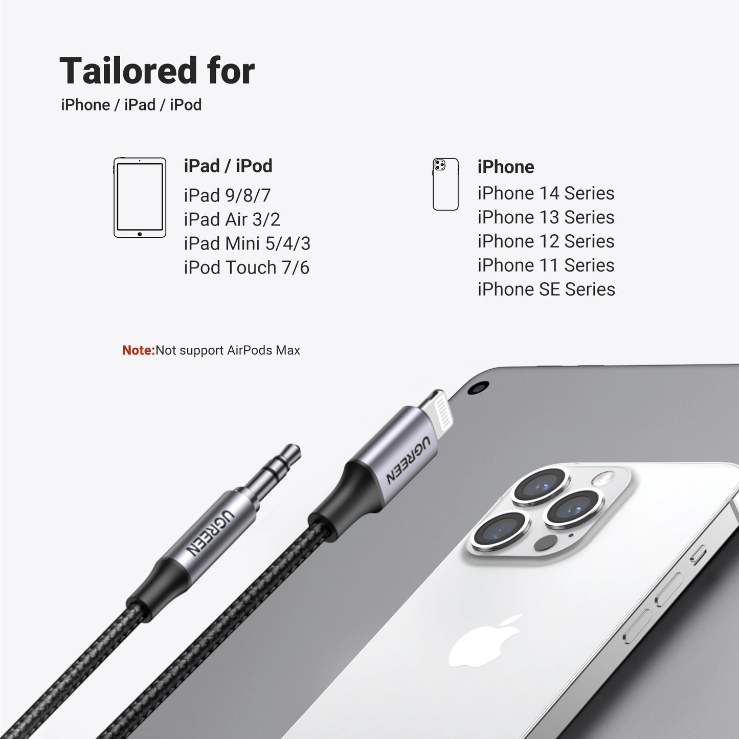 Lightning to 3.5mm Aux Cable Aluminum Shell with Braided 1m (Black)